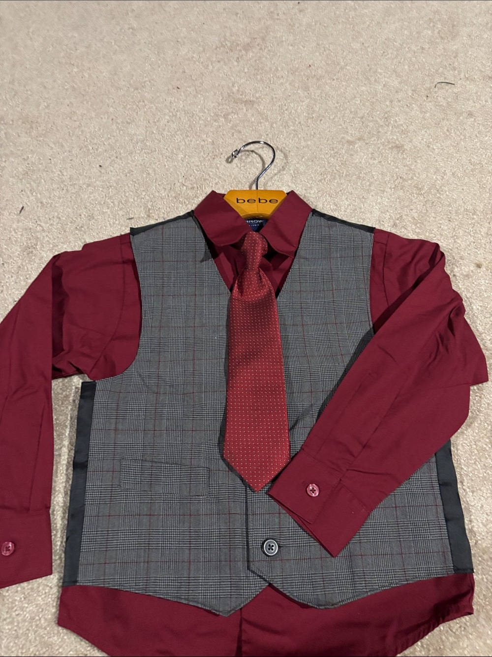 Arrow Boys Burgundy Shirt Gray Plaid Vest and Burgundy Tie Matching Set